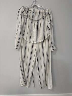 Favlux Fashion White Striped Off-the-Shoulder 2 -Piece Set Crop Top /Wide Leg